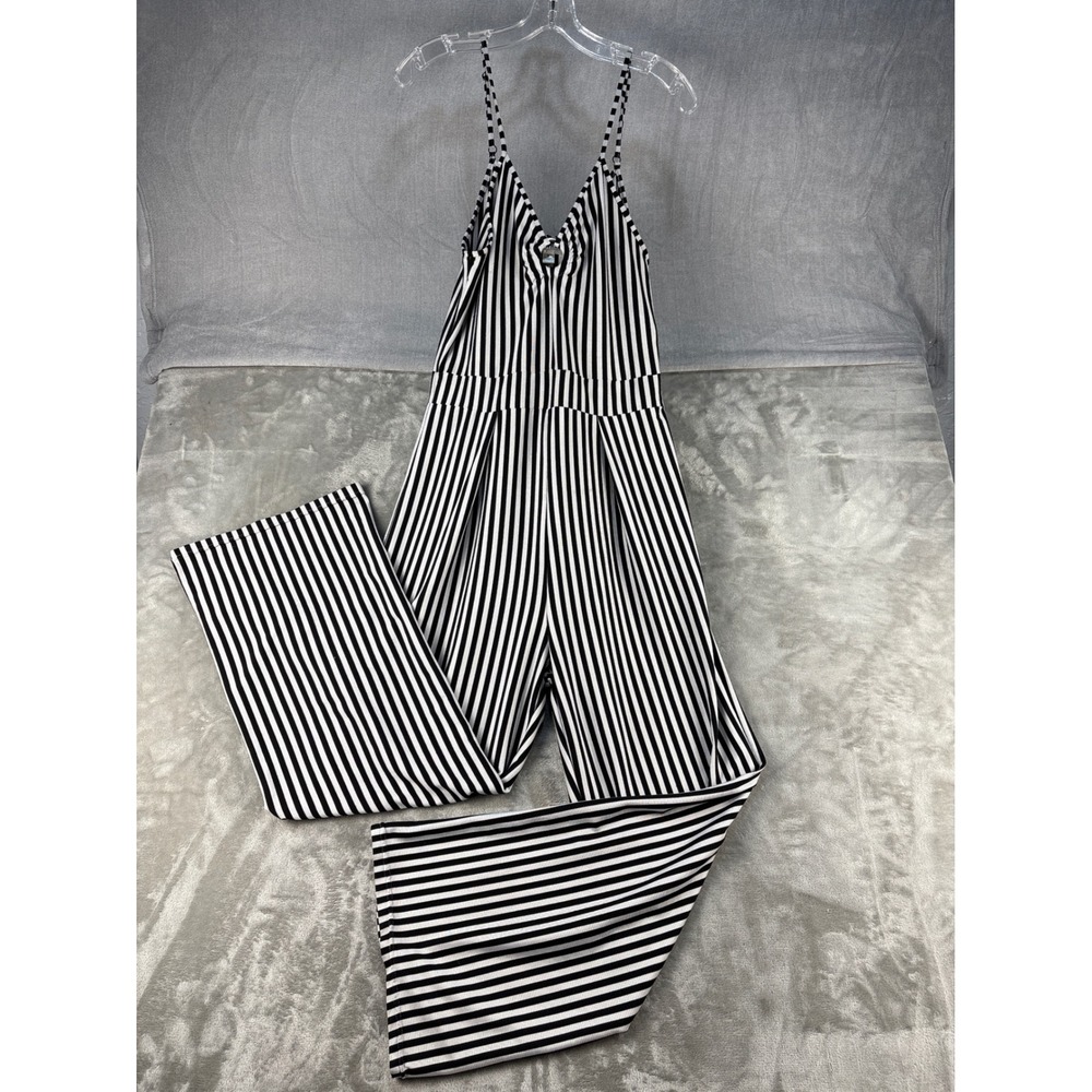 Say What? Jumpsuit Womens S Black White Striped Ribbed Wide Leg EUC